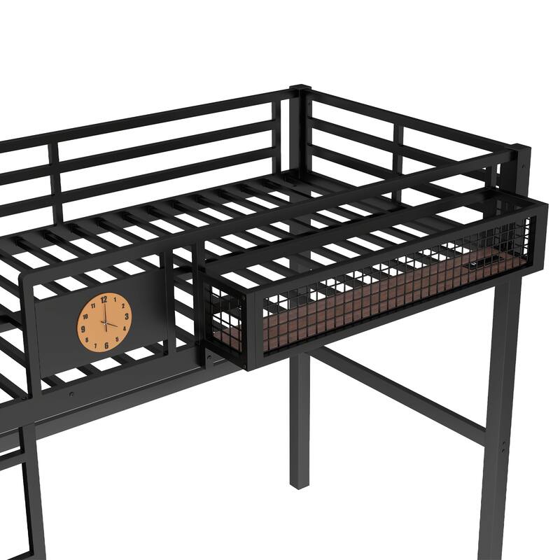 Metal Loft Bed with Desk & Storage Basket, Includes Alarm Clock & Charging Port, Queen/Full/Twin XL