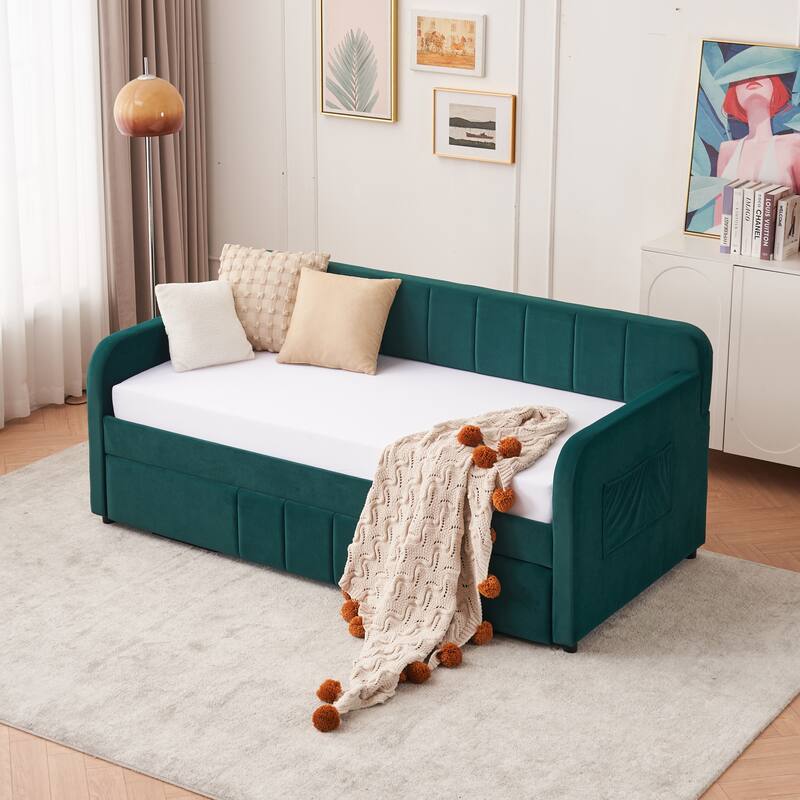 Twin Size Velvet Upholstered Daybed, Wood Sofa Bed Frame Daybed Couch with Trundle Bed and Wood Slat
