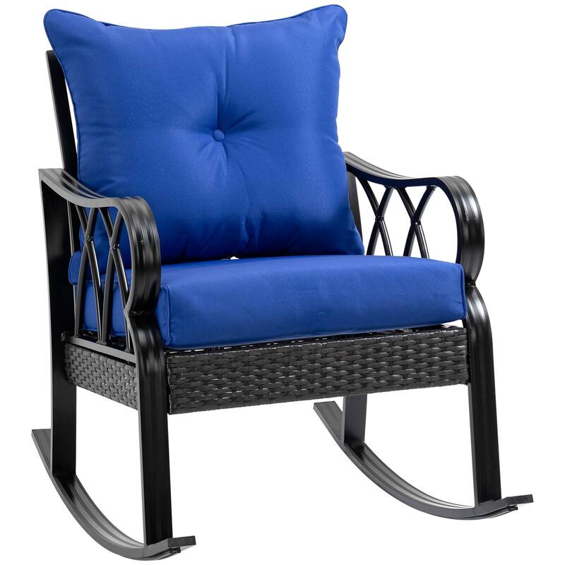 Outdoor Wicker Rocking Chair with Padded Cushions, Aluminum Rattan Porch Rocker Chair with Armrest for Garden, Patio - Blue