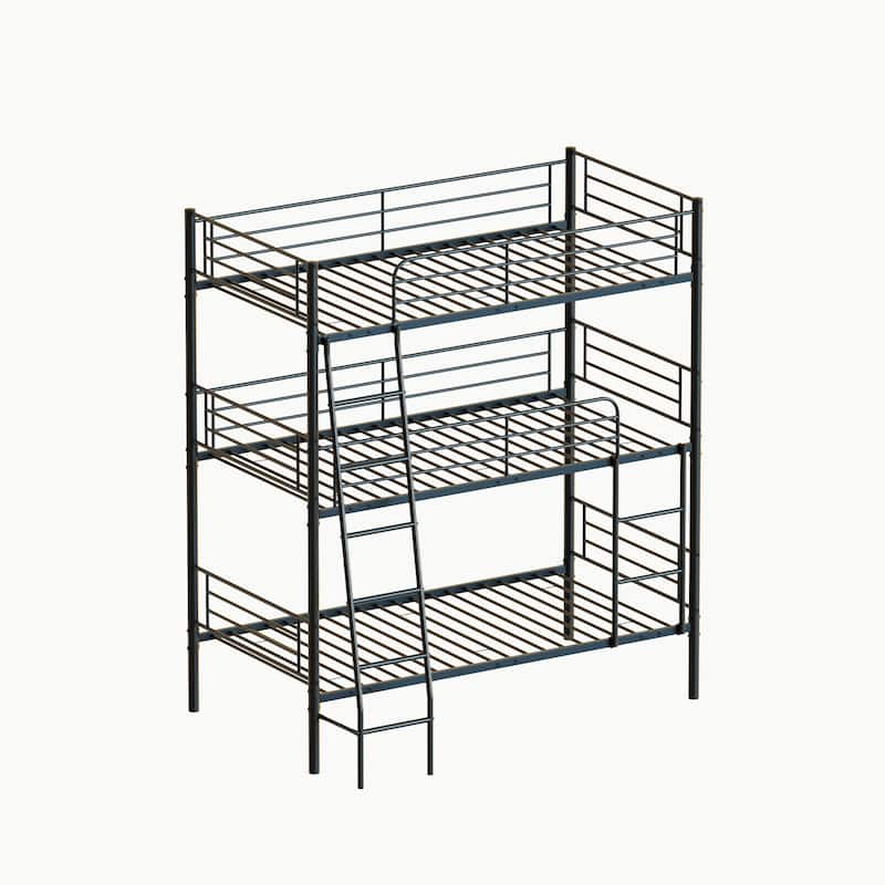 Triple Twin Metal Bunk Bed with Guardrails and Ladders, Convertible Design, Detachable into Three Separate Beds
