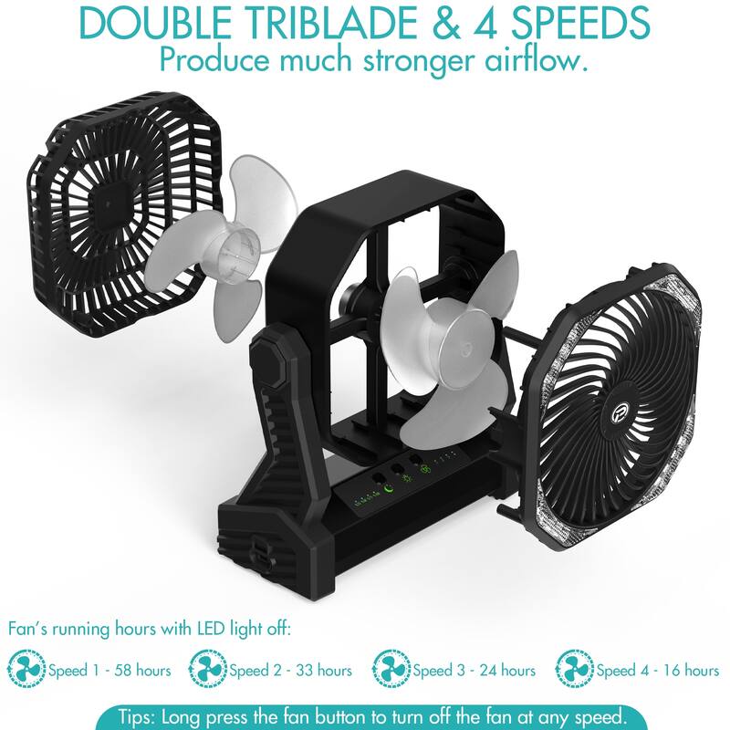 20000mAh Battery Operated Fan Portable Camping Fan with Light and Hook