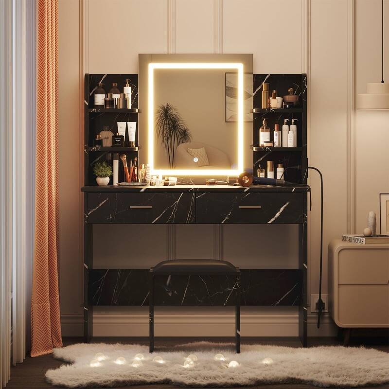 Makeup Vanity Set with Mirror, Stool， Charging Station， 2 Drawers, 6 Shelves