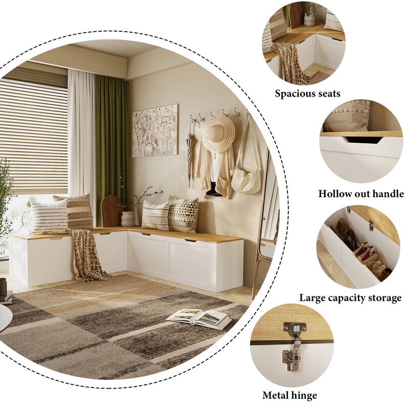 Corner Entryway Bench w/Hidden Storage White Oak Finish Shoe Cabinet
