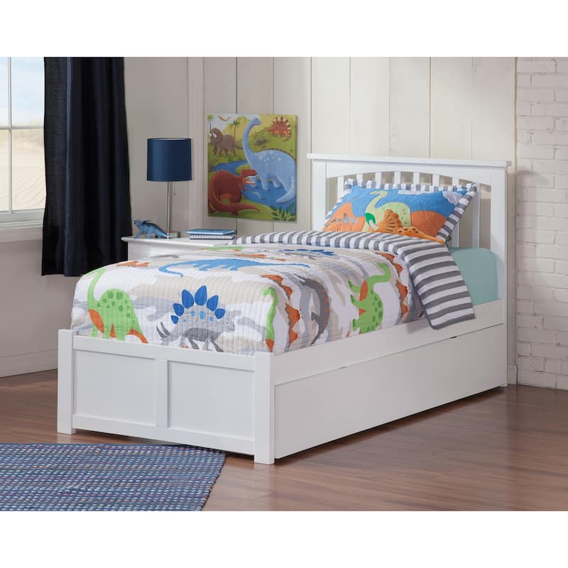 Twin Platform Bed with Trundle - Coastal Cottage Style, White Finish, Mission Design, Space Saving