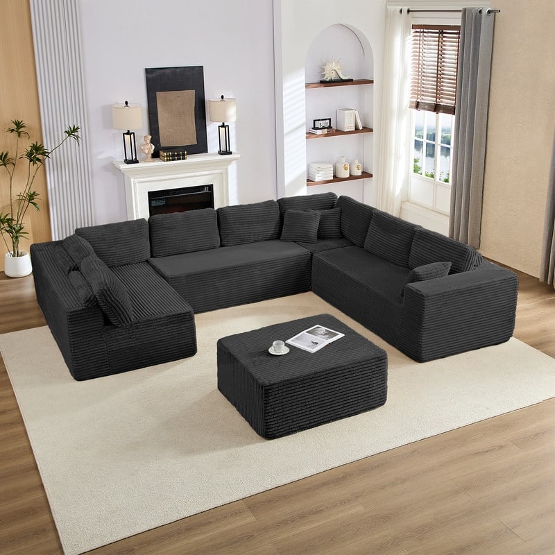 Corduroy 141'' Deep Seat Modular Sectional Sofa, Modern 8-Seater U-Shape Sofa Couch with Moveable Ottoman