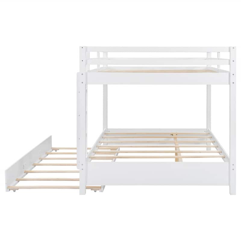 Queen Over Queen Size Bunk Bed with Twin XL Size Trundle, Solid Wood Bunk Bedframe with Ladder and Guardrail for Kids