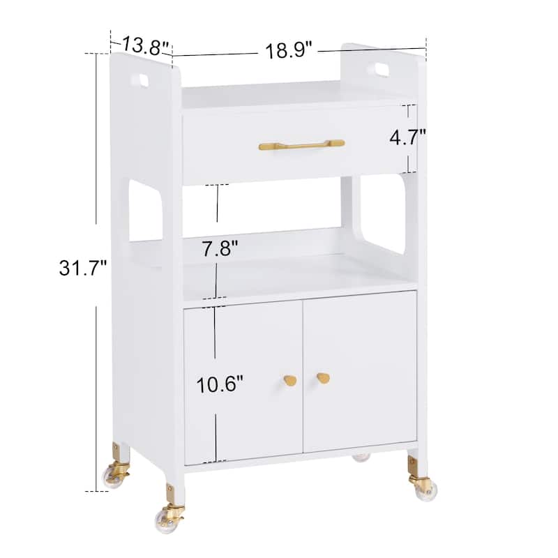 White Rolling Trolley Cart with Cabinet & Lockable Wheels - 13.8"D x 18.89"W x 31.7"H