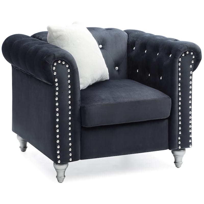 Jeweled Tufted Velvet Accent Chair with Throw Pillow - 38" - Black