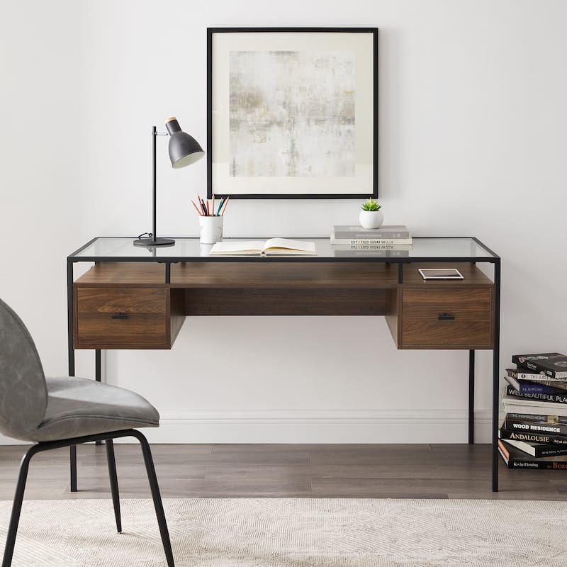 Middlebrook 56-inch Glass Top Writing Desk - Dark Walnut