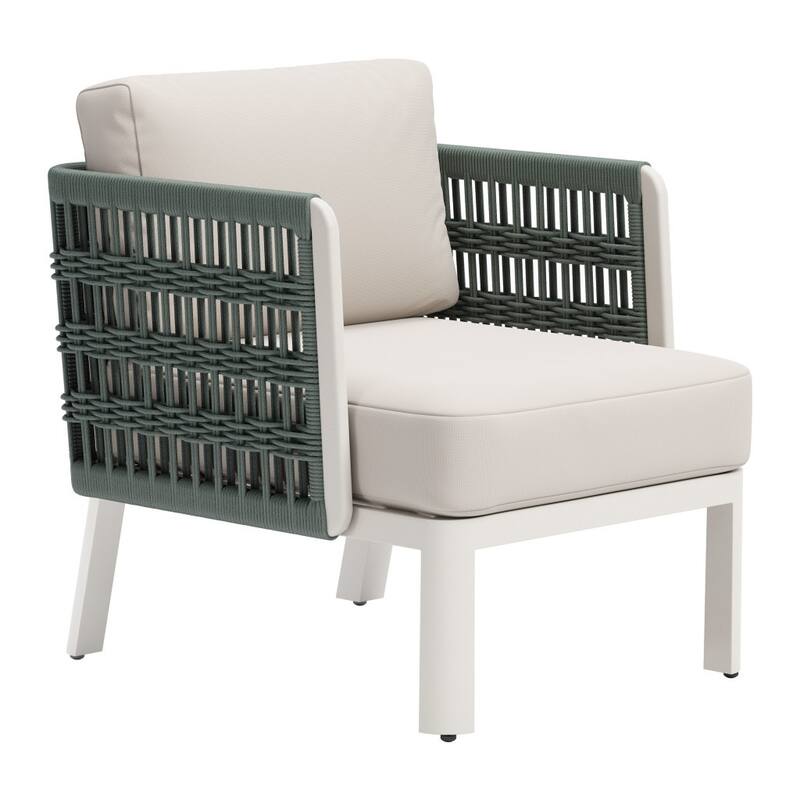 27" Green And White Aluminum Outdoor Accent Chair with White Cushion