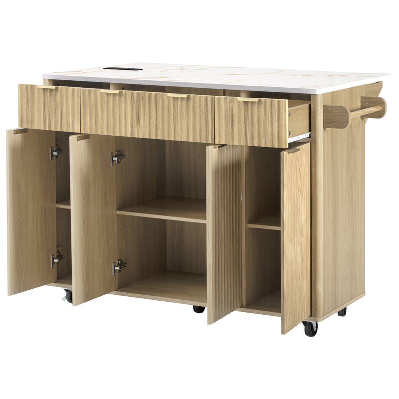55.5" Fluted Storage Kitchen Island with Drop Leaf and Power Outlet and 3 Drawers