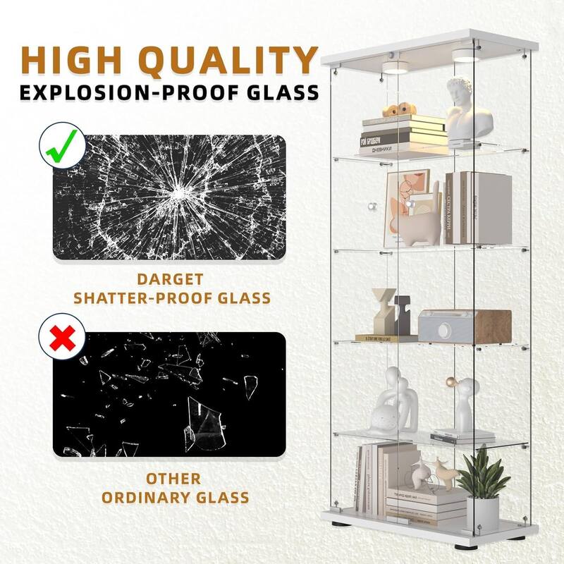 Glass Display Cabinet 5-Shelf with Door, LED Push Lights with Remote Control,5mm Tempered Glass Floor-to-Ceiling Bookcase