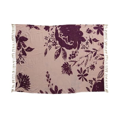 2-Sided Cotton Floral Print Throw Blanket with Fringe