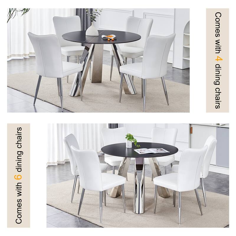 Sintered Stone Dining Table and Chair Set Mirror-polished Stainless Steel Base 4 White PU Chairs Round Dining Table