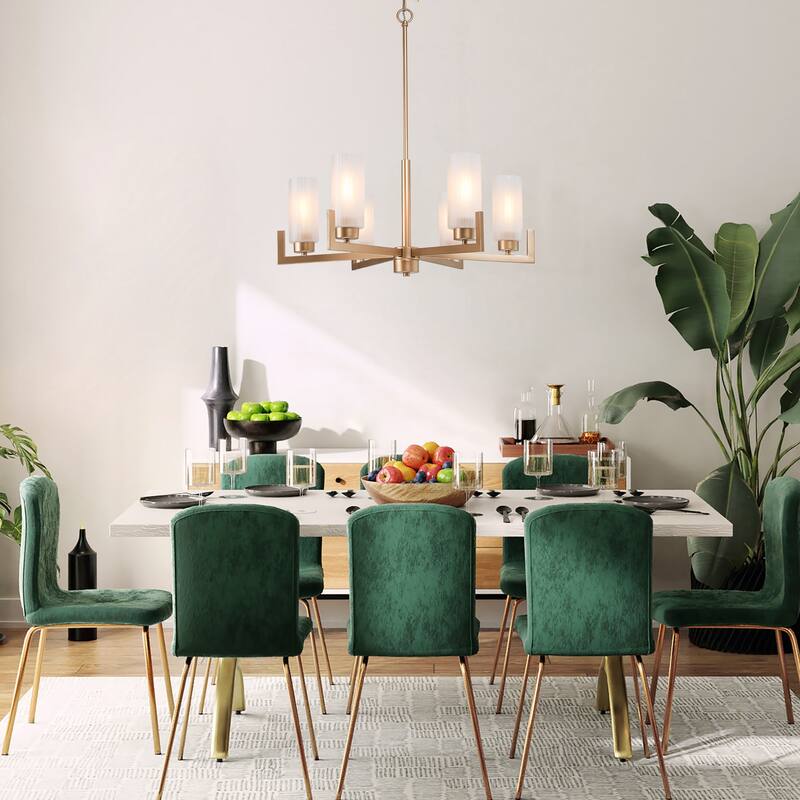 Modern Gold 6-Light Frosted Glass Wagon Wheel Chandelier for Dining Living Room - 27.5"Dx30.5"H