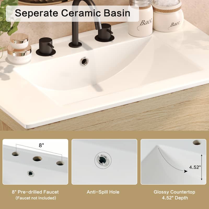 30" Freestanding Bathroom Vanity with Ceramic Sink, 2 Soft Close Drawers, Beveled Handleless Design