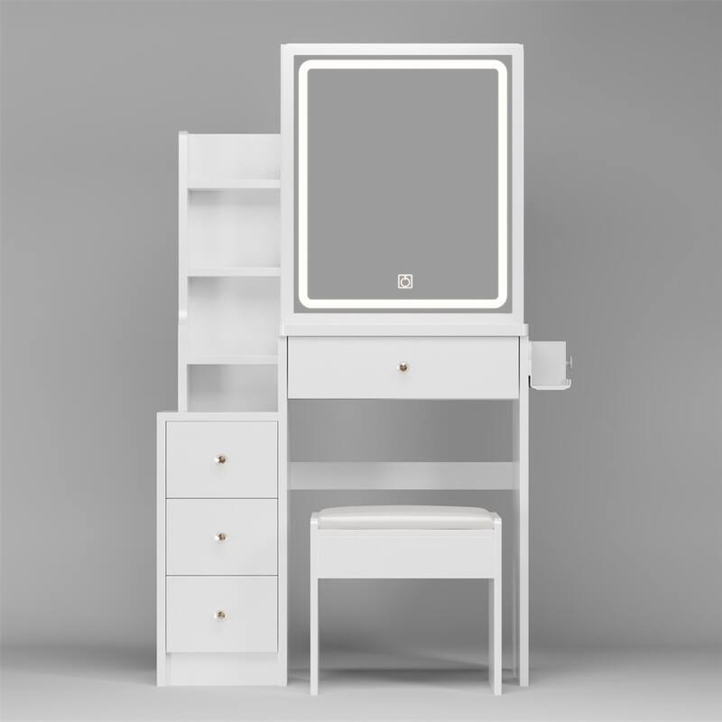 High Capacity Vanity Table with Cushioned Stool and Sliding Mirror