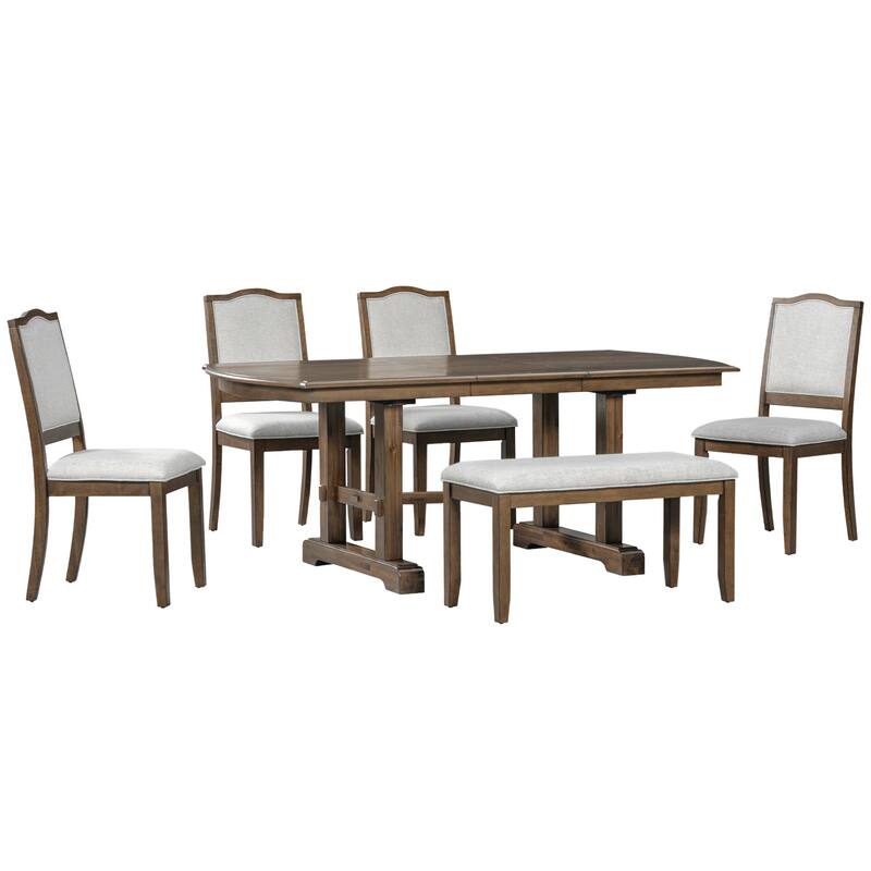 6 Piece Dining Table Set 78" Extendable Wood Dining Table Set with Removable Leaf, Kitchen Table Set with 4 Chairs, Bench
