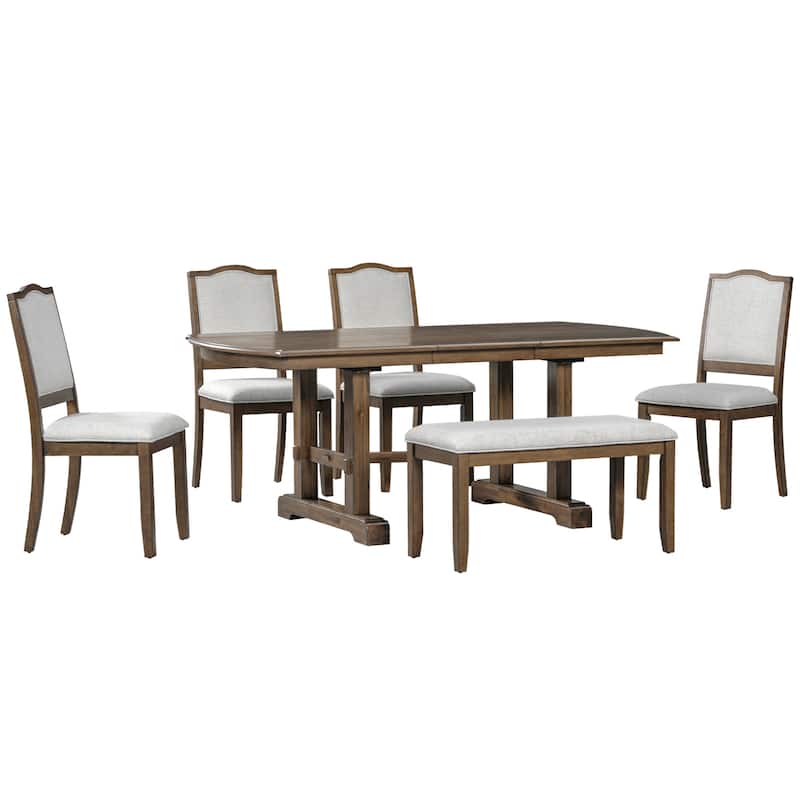 Roomfitters 6-Piece Extendable Dining Table Set, 60-78 Inch Wooden Kitchen Table with Leaf, 4 Upholstered Chairs & Bench
