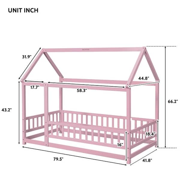 dimension image slide 0 of 2, Kids Bed Floor Wooden Bed with House Roof Frame and Fence Guardrails DIY Decor