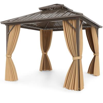 Coffee Galvanized Metal Aluminum Outdoor Gazebo with Mesh and Curtains