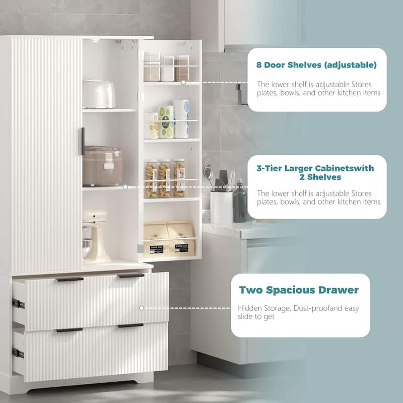 72"H Modern Fluted Kitchen Pantry Cabinet with 8-Door Spice Rack