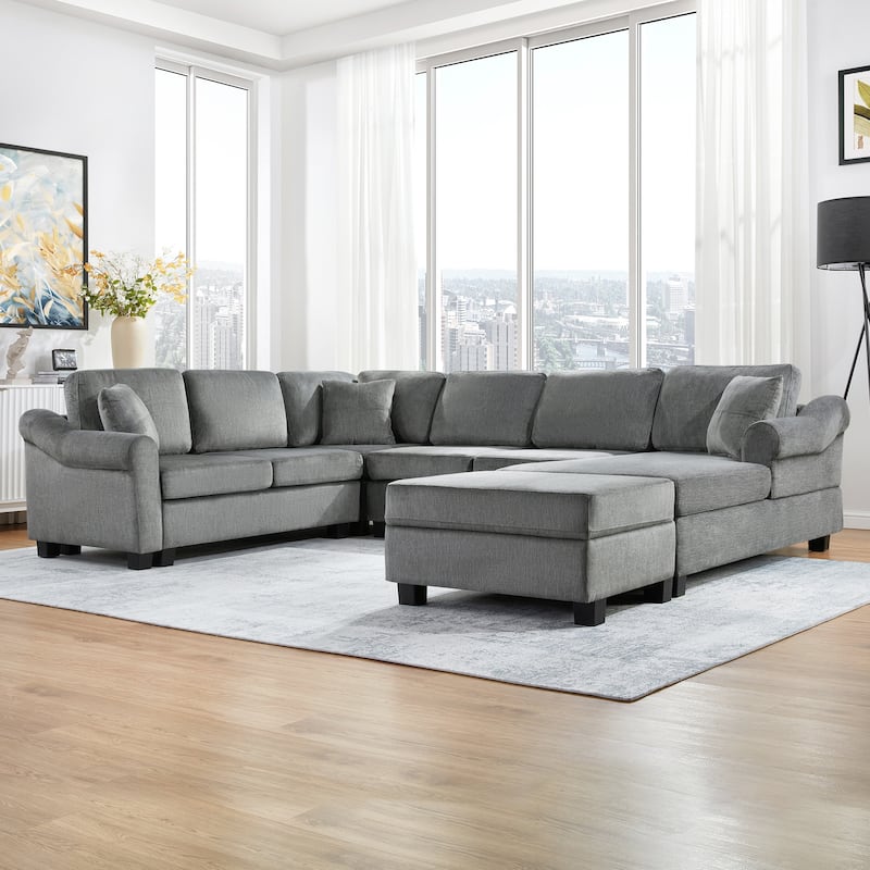 Roomfitters U-Shaped Chenille Sectional Sofa with Storage Ottoman, Modern Upholstered Couch for Living Room