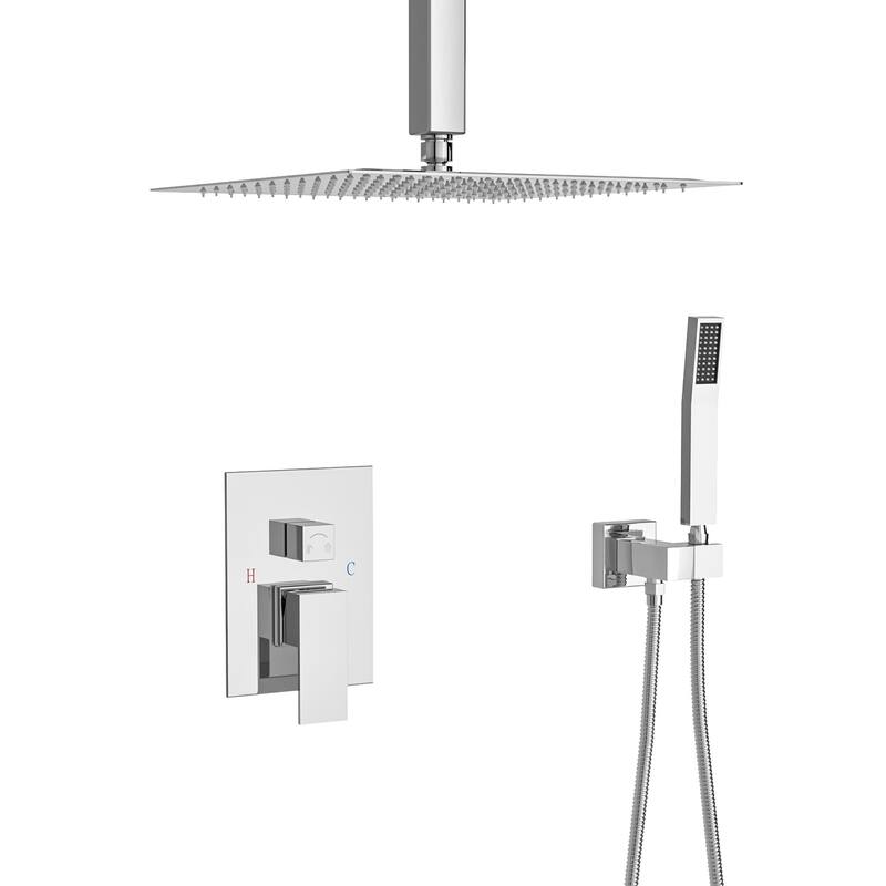 Ceiling-Mounted Square Shower System and Handheld Showerhead Set