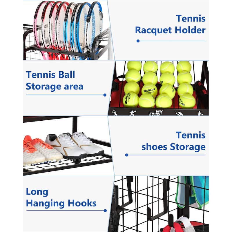 Tennis Gear Storage Rack Sports Equipment Organizer with Wheels
