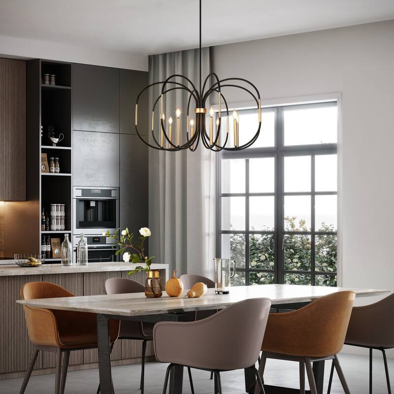 Modern Unique 8-Light Chandelier Black Gold Drum-Shape Pendant for Dining Room - 37.8 " × 20 "