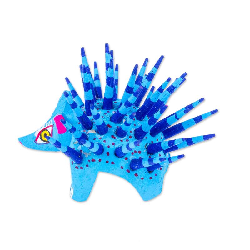 Novica Handmade Cute Porcupine In Sky Blue Wood Alebrije Figurine