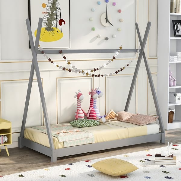 slide 2 of 7, Twin Size House Platform Bed with Triangle Structure,Gray
