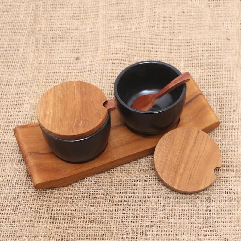 Novica Handmade Flavor Duo In Black Ceramic And Teak Wood Condiment Set
