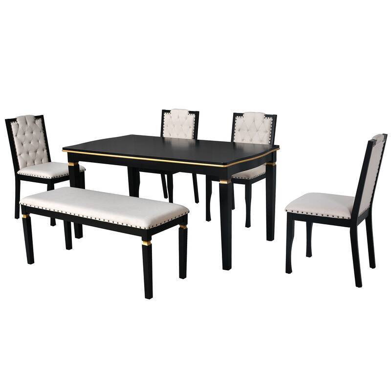 6-Piece Casual Dining Table Chair Set for Home, Retro 60" Kitchen Wood Dining Table Set with 4 Tufted Chairs, 1 Bench
