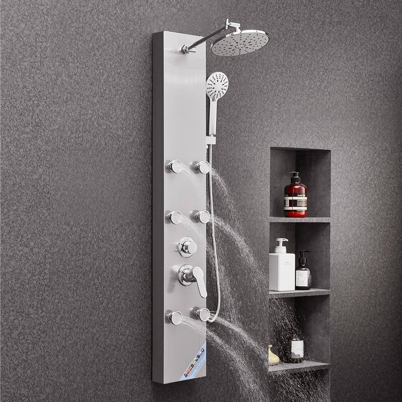 Silver Wall Mounted 3-in-1 Shower Panel Tower with Rainfall Head and Massage Jets Handheld Sprayer - 48.8” x 7.9” x 17.7”
