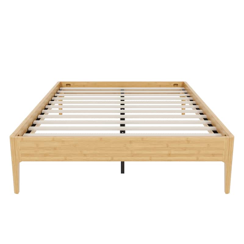 GDFStudio - Mid-Century Solid Bamboo Platform Bed Frame with Velcro Slat Metal Support & Noise-Free Pad, No Box Spring Needed