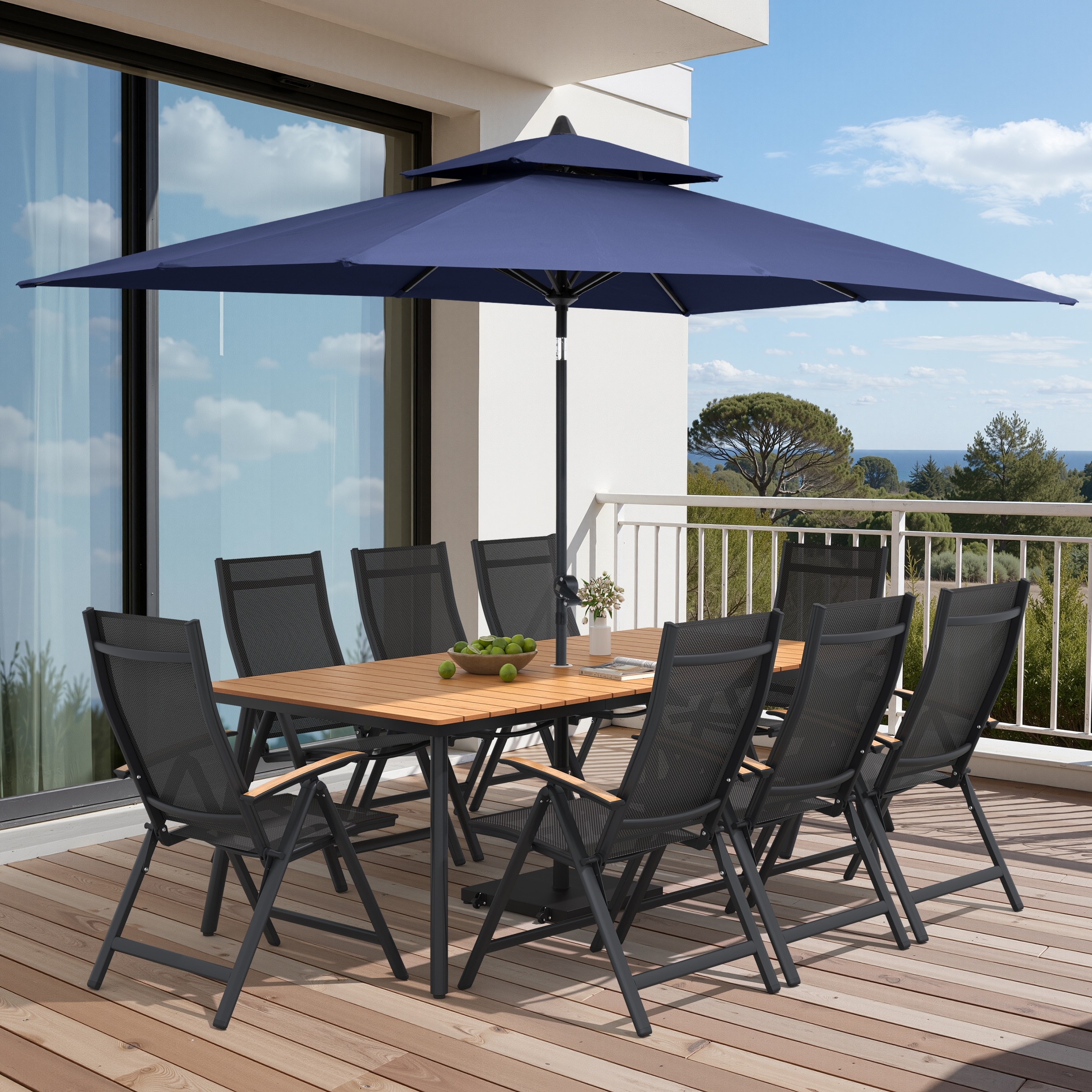 9/11-Piece Outdoor Patio Dining Set Aluminum Dining Table and Folding Chairs w/10 ft Umbrella and Base