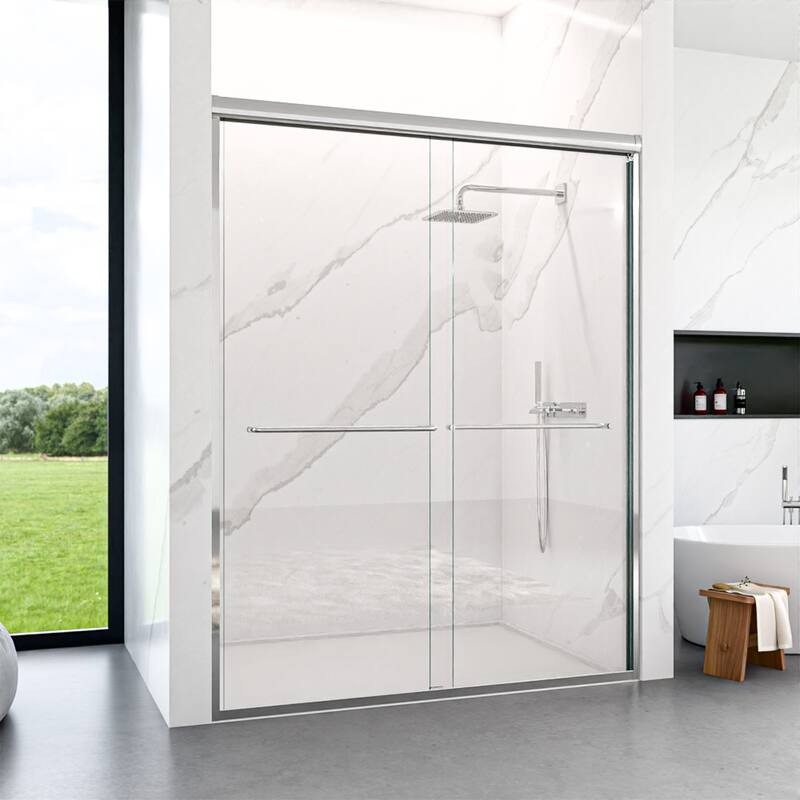 GDFStudio - Modern Semi-Frameless Double Sliding Shower Door with 1/4" SGCC Tempered Glass & Stainless Steel Handle