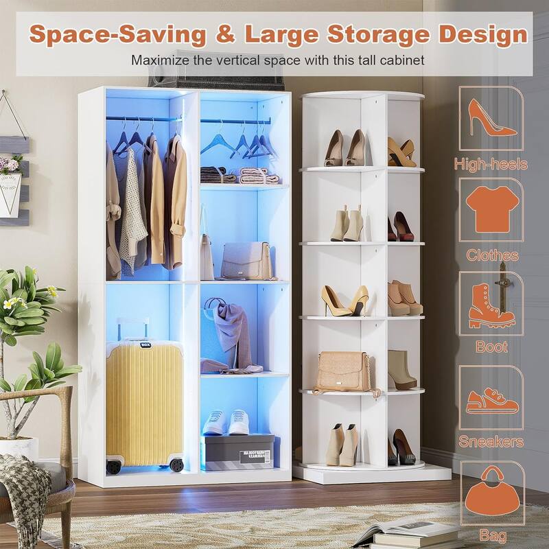 Hall Tree with 360-degree Rotating Shoe Rack, Coat Rack with 6 Modes lighting