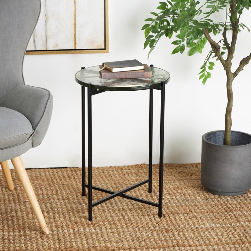 Gold or Black Metal X-Shaped Side End Accent Table with Textured Glass Tabletop
