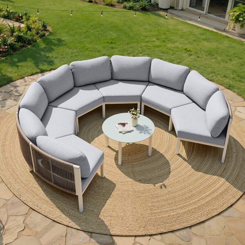 Outdoor All-Weather Aluminum Half Moon Curved Sofa Rattan Sectional Sofa Deep Seating Patio Outdoor Conversation Sets - 6-seater + 1 table - Light Grey