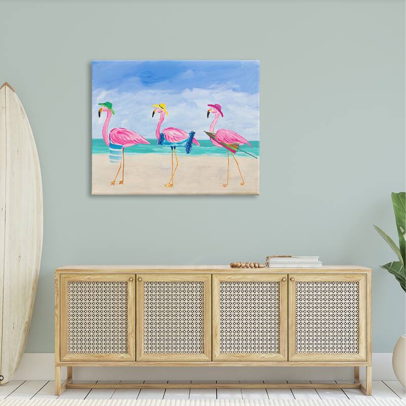 Stupell Cute Pink Flamingos Beach Attire Strolling Coast Illustration Canvas Wall Art