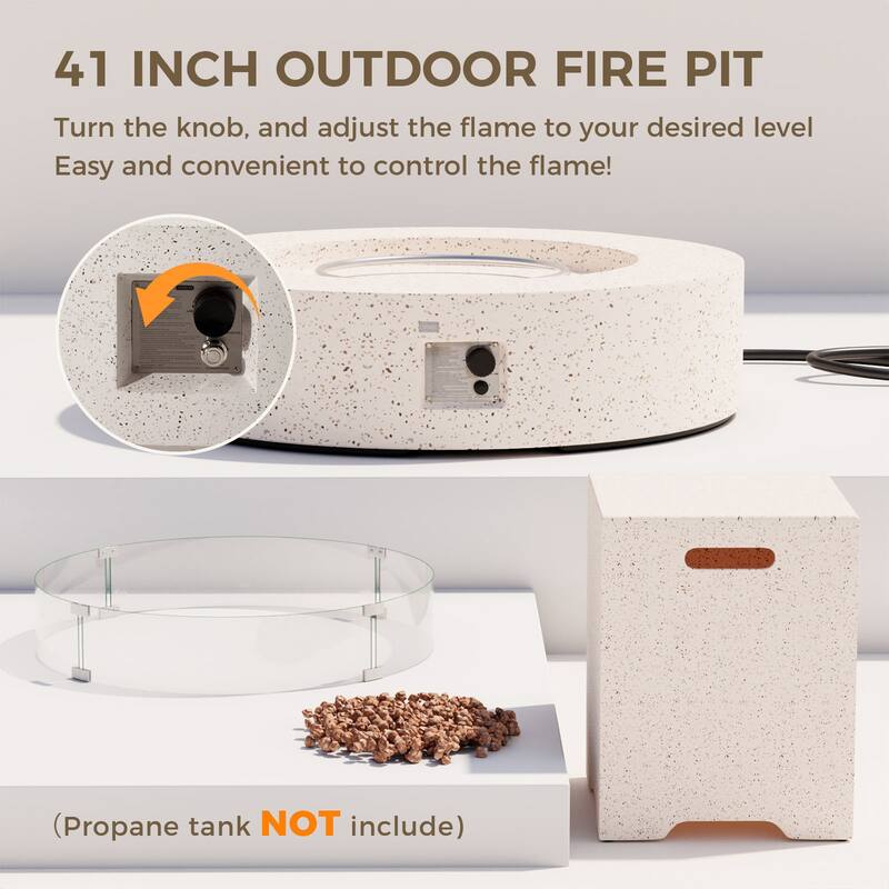 SUNBURY Round Outdoor Propane Fire Pit w Wind Guard and Tank Cover