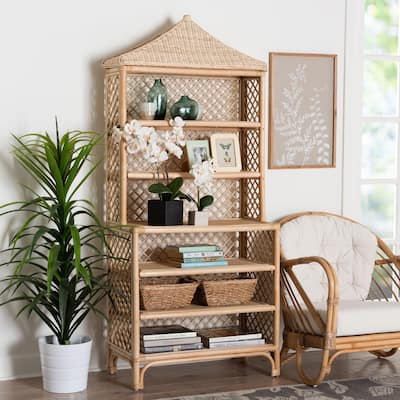 Adonis Natural Rattan Display Shelf - Freestanding 6-Tier bookcase with Pagoda Top, Coastal Boho Storage Organizer