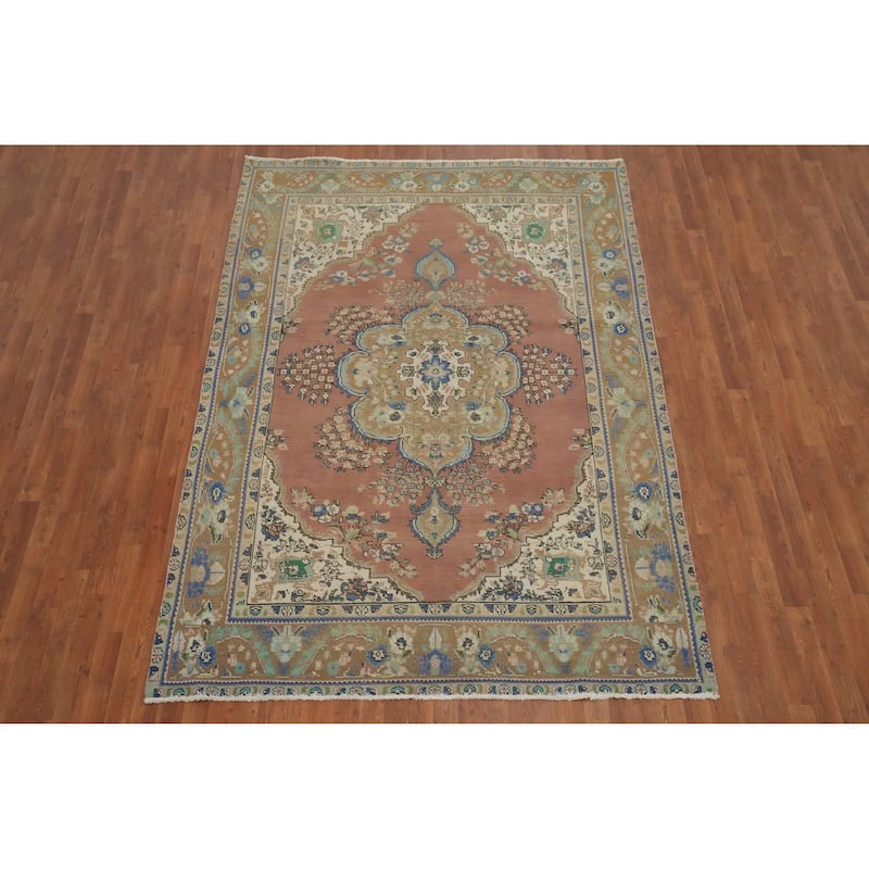 Hand Knotted Oriental 100% Wool Carpet Traditional Floral Oranges & Rust Tabriz Area Rug - 9' 4'' X 6' 5''