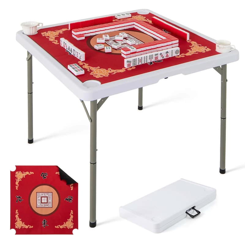 35" Square Card Table Folding Mahjong Table with Cup Holders - Red