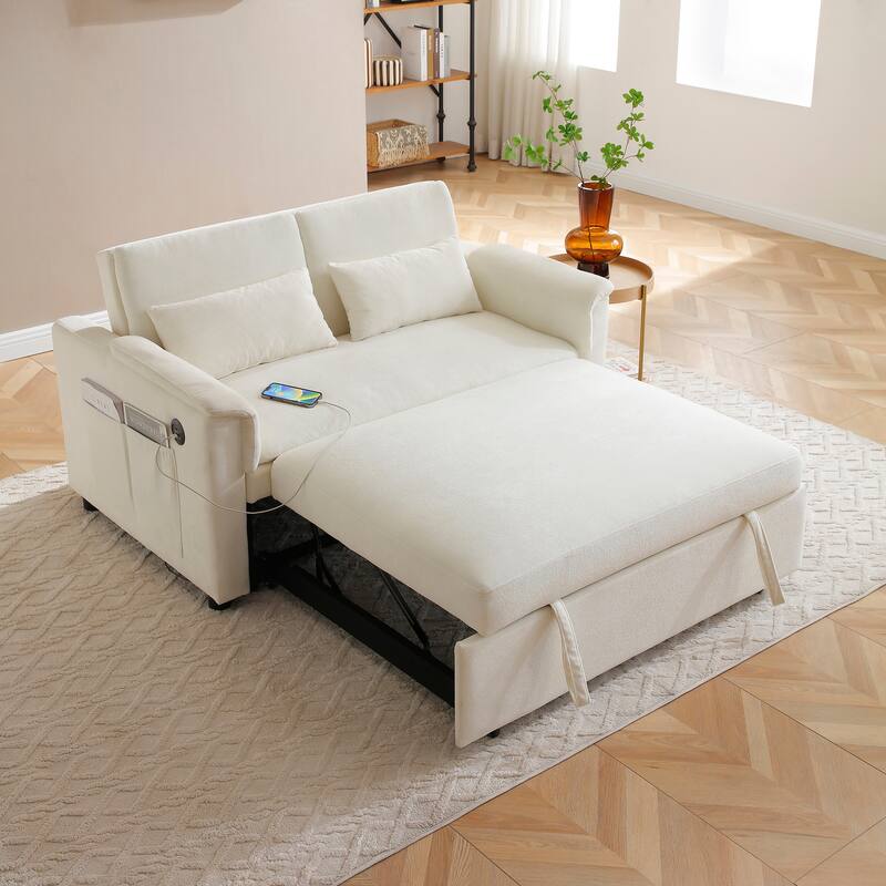 3 in 1 Convertible Sofa Bed with USB Port, Velvet 2 Seater Pull Out Sofa Bed, Loveseat Sofa with Adjustable Back & Side Pockets