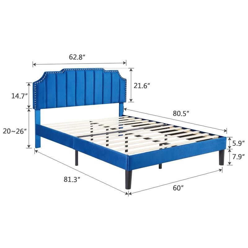 VECELO Upholstered Bed Frame with Nailhead Trim Adjustable Height Headboard, Twin/Full/Queen Size Bedframes