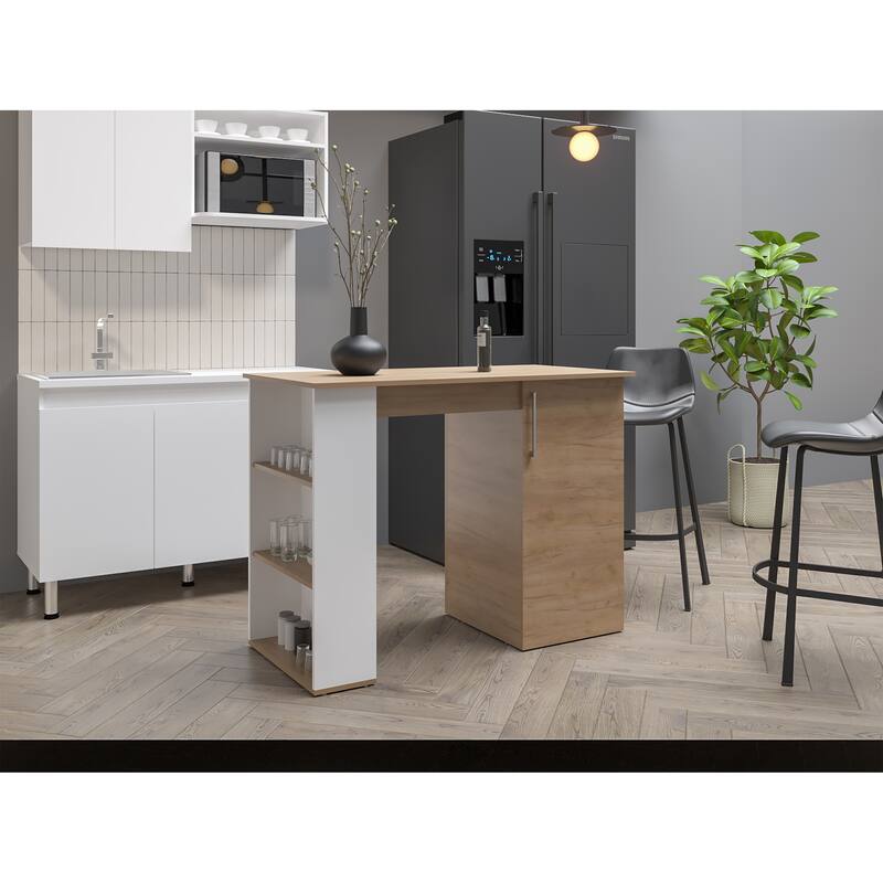Allen 47" Wide Kitchen Island One Cabinet and Five Shelves, Bar Table, Dinning Table. Pub Table White- Natural Oak