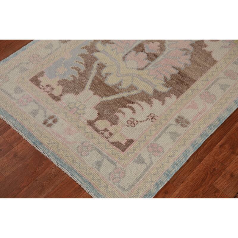 Hand Knotted Oriental 100% Wool Carpet Transitional Floral Brown Oushak Runner Rug - 17' 6'' X 3' 2''